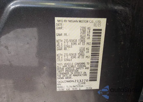 2015 Nissan Murano Sl z USA, uszkodzony, nr VIN 5N1AZ2MH0FN213270